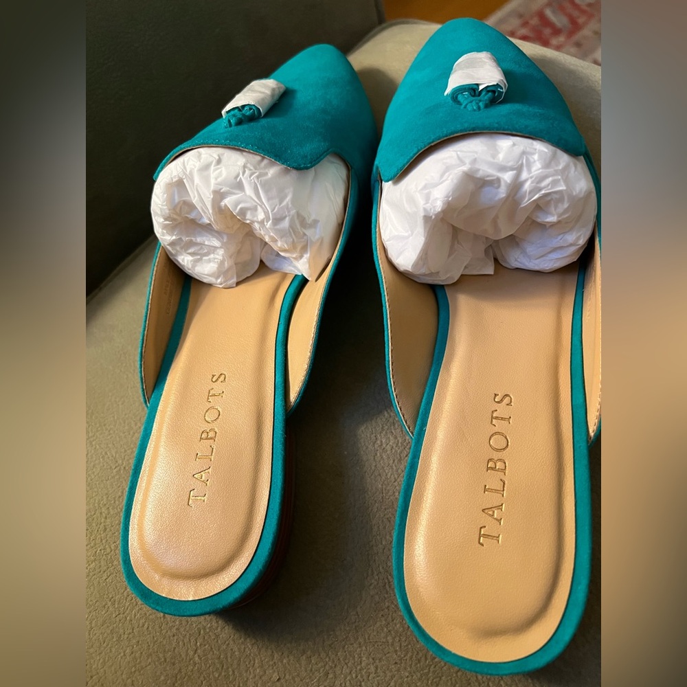 Talbots NEw in Box turquoise suede mules size 9 - Picture 3 of 7